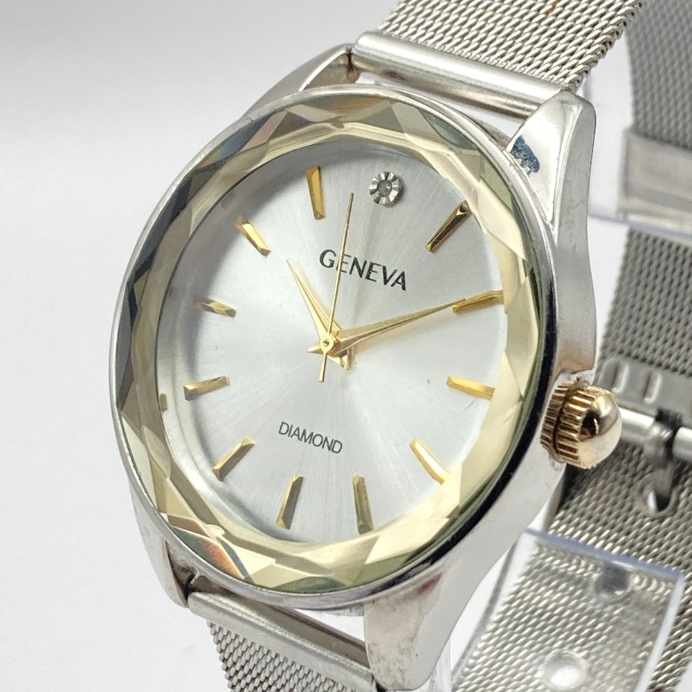 Geneva Women's Watch 34mm Silver Gold Two Tone Faceted Mesh New Battery 8.75"